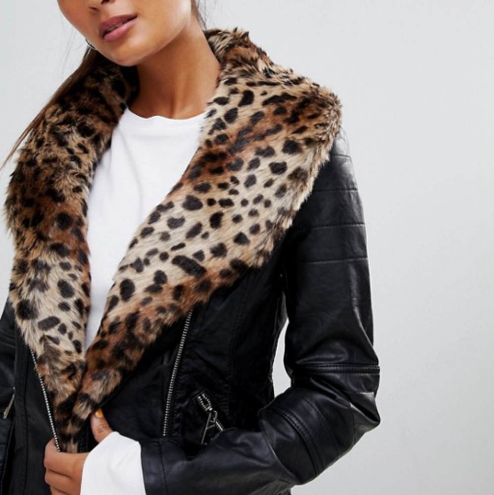 Faux Leather Jacket With Leopard Collar